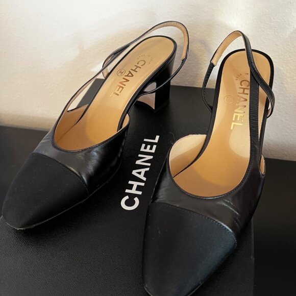AUTHENTIC CHANEL BLACK CC SLINGBACKS. WELL WORN ** 39 - Picture 1 of 6